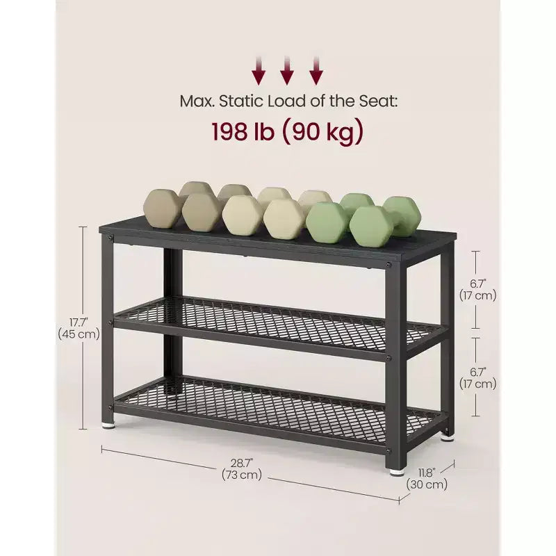 28.7 Shoe Rack Bench 3-Tier Shoe Shelf Storage Bench with Metal Mesh Shelves and Seat Shoe Rack