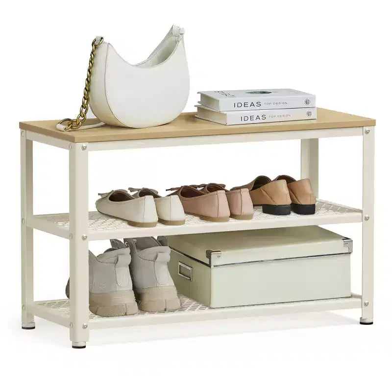 28.7 Shoe Rack Bench 3-Tier Shoe Shelf Storage Bench with Metal Mesh Shelves and Seat Shoe Rack