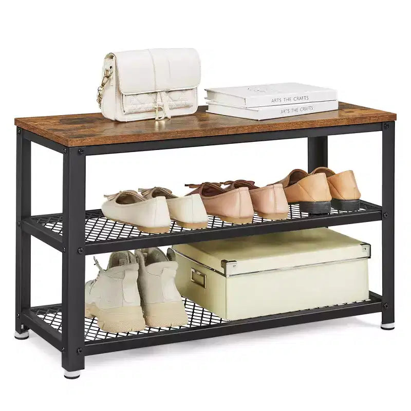 28.7 Shoe Rack Bench 3-Tier Shoe Shelf Storage Bench with Metal Mesh Shelves and Seat Shoe Rack