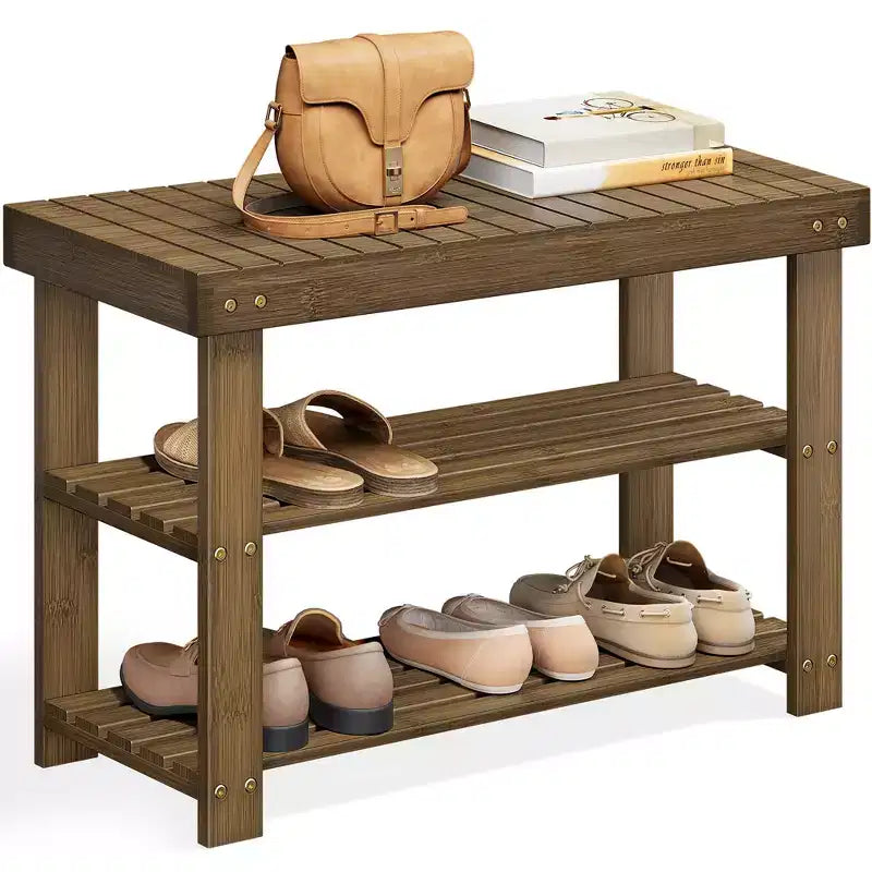 Bamboo Shoe Rack Bench, 3-Tier Shoe Storage Organizer Shelf Holder Home Entryway Hallway