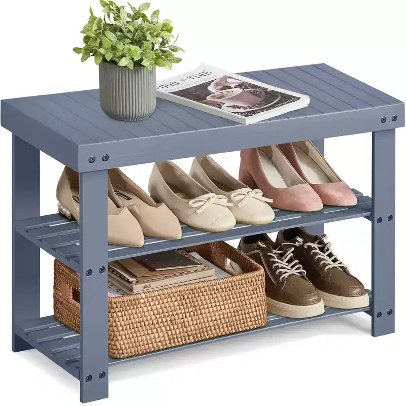 Bamboo Shoe Rack Bench, 3-Tier Shoe Storage Organizer Shelf Holder Home Entryway Hallway