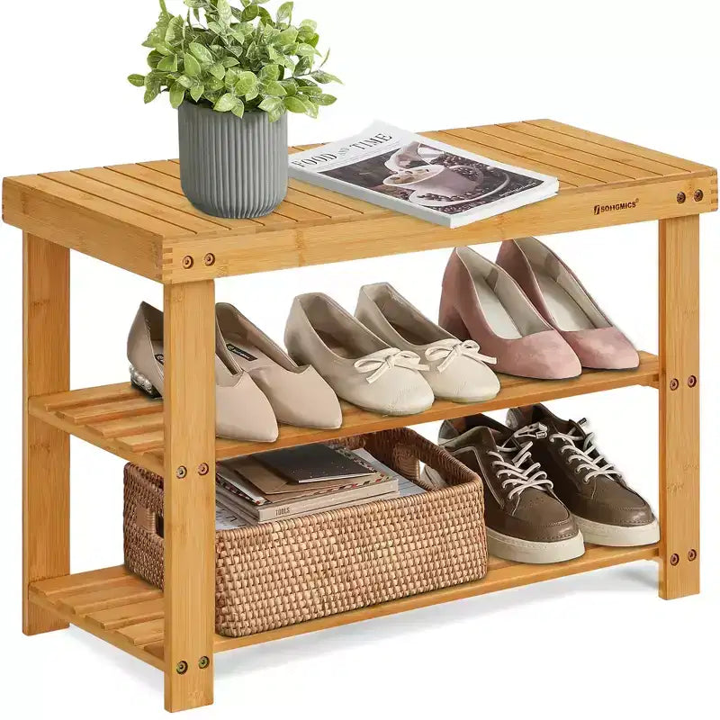 Bamboo Shoe Rack Bench, 3-Tier Shoe Storage Organizer Shelf Holder Home Entryway Hallway