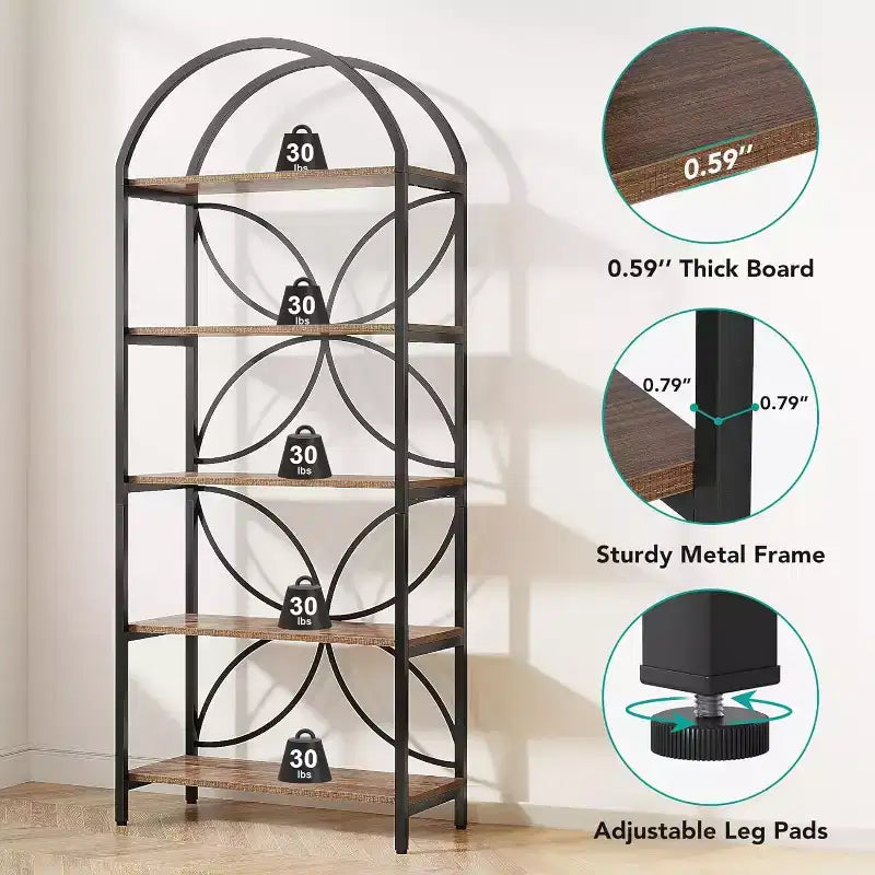 5-Tier Open Bookshelf, 74.8 Arched Bookcase Display Rack with Metal Frame