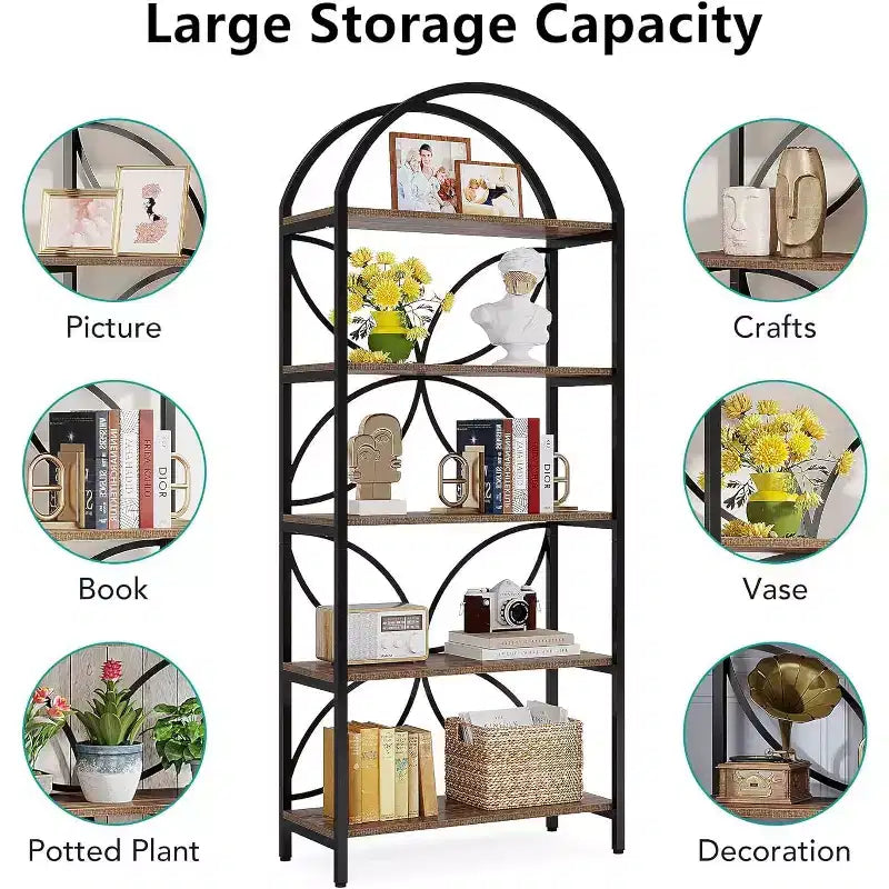 5-Tier Open Bookshelf, 74.8 Arched Bookcase Display Rack with Metal Frame