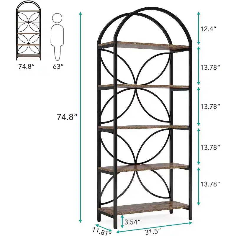 5-Tier Open Bookshelf, 74.8 Arched Bookcase Display Rack with Metal Frame