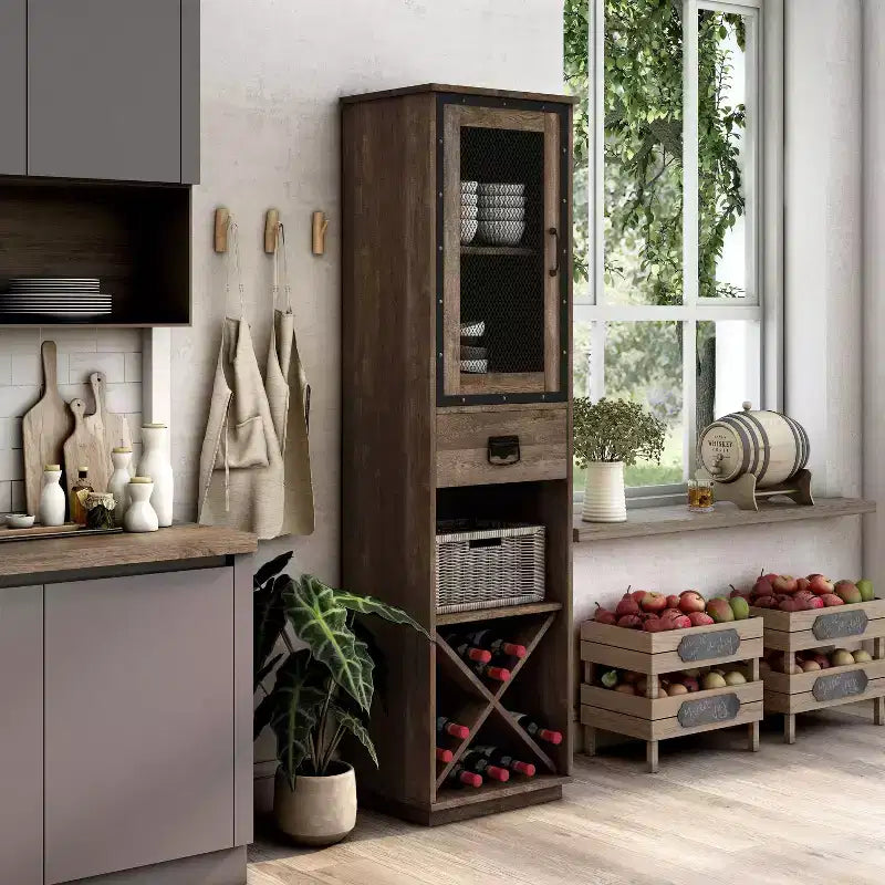 Farmhouse 1 Drawer Tower Cabinet with Wine Rack and Shelves