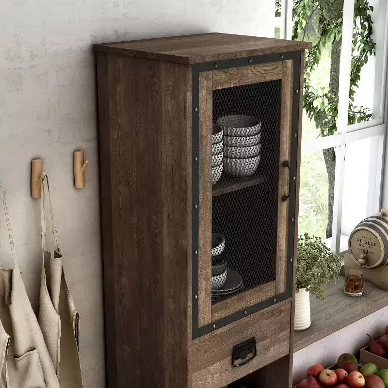 Farmhouse 1 Drawer Tower Cabinet with Wine Rack and Shelves