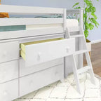 Letto a soppalco basso con scrivania estraibile e cassettiere a 3 cassetti per materasso di circa 97 × 191 cm