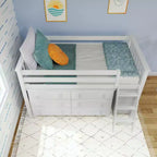 Letto a soppalco basso con scrivania estraibile e cassettiere a 3 cassetti per materasso di circa 97 × 191 cm