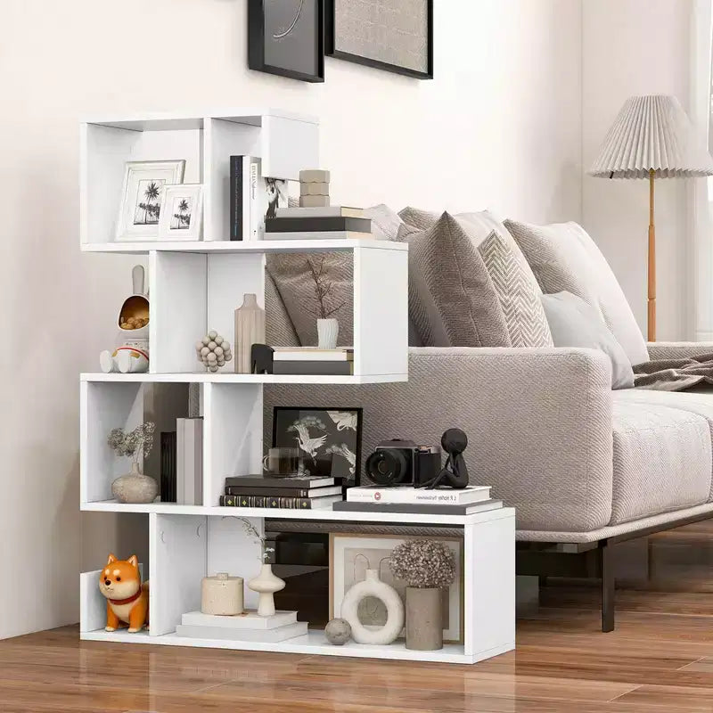 1/2 PCS S-shaped Bookshelf Freestanding Stepped Etagere Bookcase with Anti-tipping Kits White
