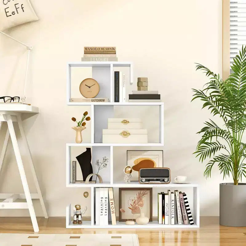 1/2 PCS S-shaped Bookshelf Freestanding Stepped Etagere Bookcase with Anti-tipping Kits White