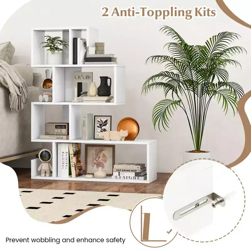 1/2 PCS S-shaped Bookshelf Freestanding Stepped Etagere Bookcase with Anti-tipping Kits White