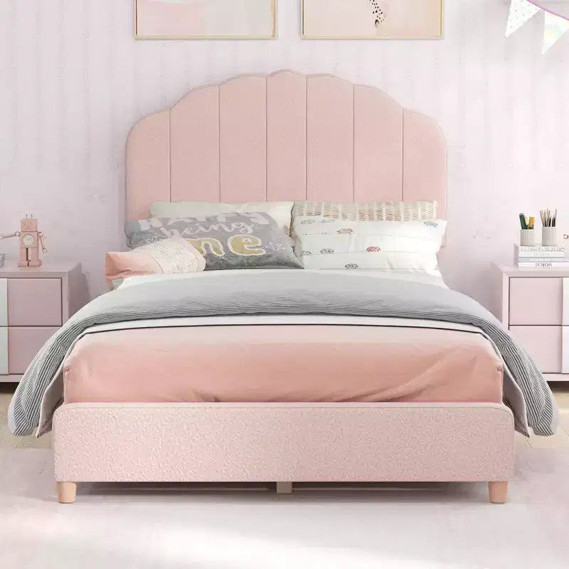 Kids Twin Platform Bed Frame Upholstered Twin Size Bed with Wooden Slats Support
