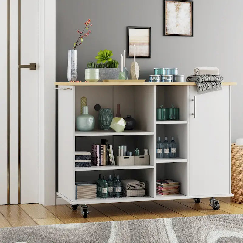 47" Kitchen Storage Island Cart with 6 Open Shelves and 1 Cabinet