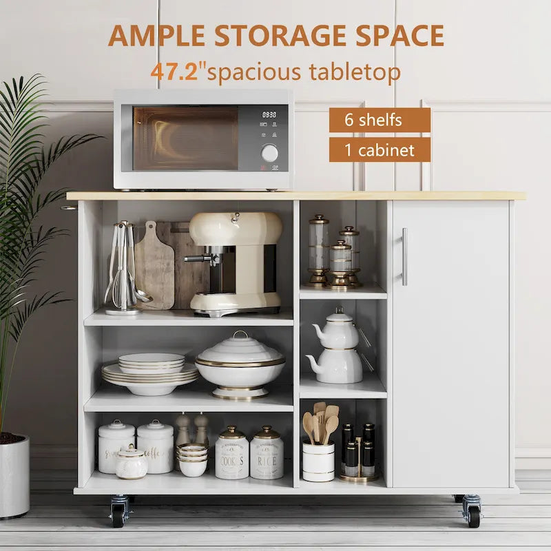47" Kitchen Storage Island Cart with 6 Open Shelves and 1 Cabinet