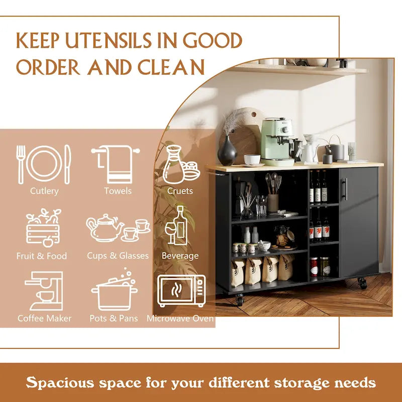 47" Kitchen Storage Island Cart with 6 Open Shelves and 1 Cabinet