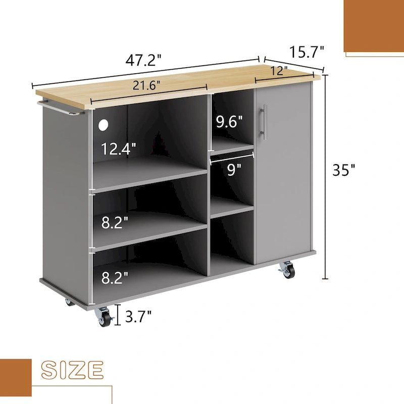 47" Kitchen Storage Island Cart with 6 Open Shelves and 1 Cabinet