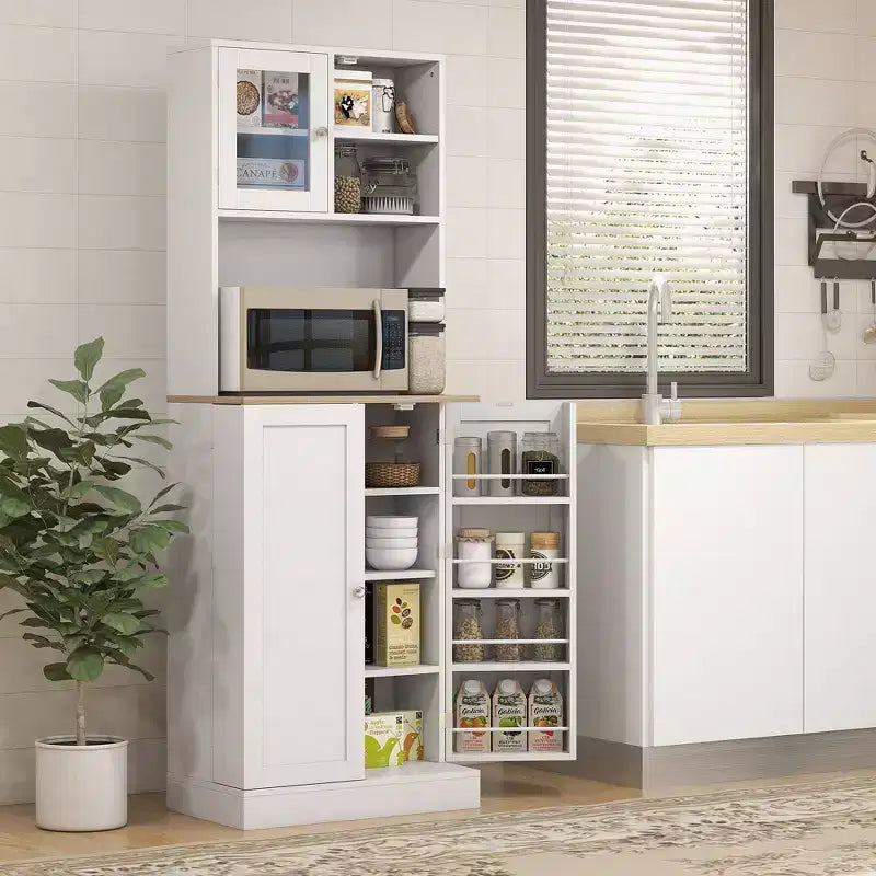 66.5" Pantry Cabinet with Microwave Stand, Freestanding Kitchen Storage Cabinet with Hutch and Adjustable Shelves, White