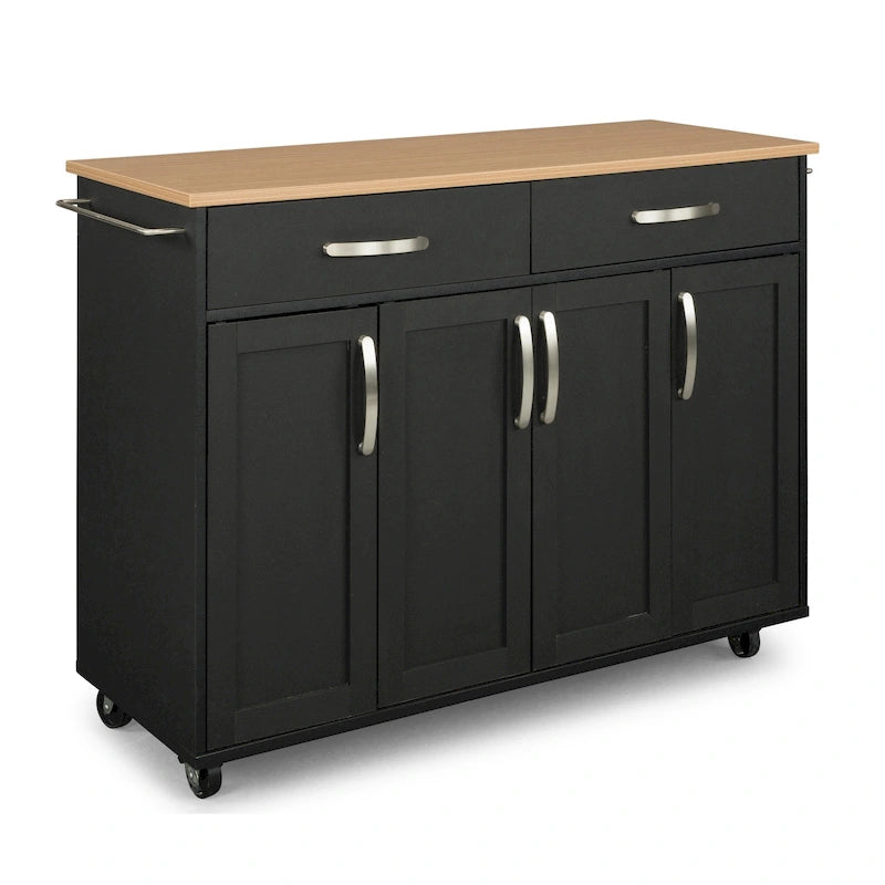 51" Black Wood Kitchen Cart with Heat-Resistant Surface and Locking Casters