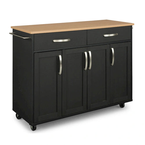 129.5 cm Black Wood Kitchen Cart with Heat-Resistant Surface and Locking Casters