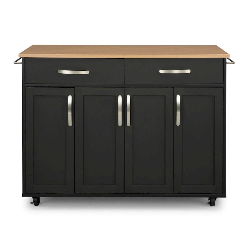 51" Black Wood Kitchen Cart with Heat-Resistant Surface and Locking Casters
