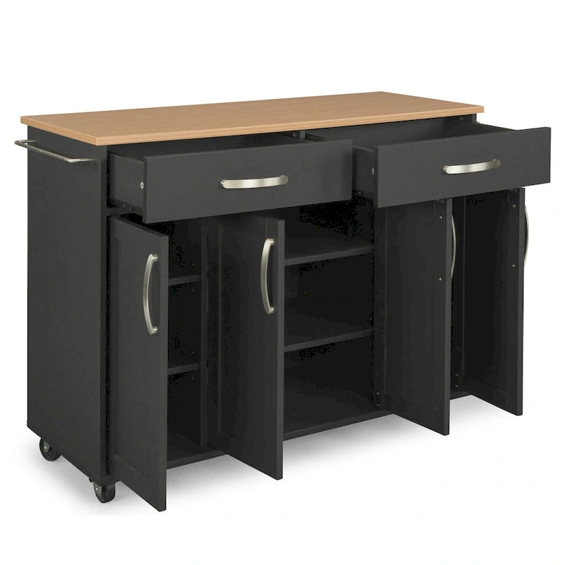 51" Black Wood Kitchen Cart with Heat-Resistant Surface and Locking Casters