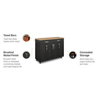 Carrello da cucina in legno nero da 51" con superficie resistente al calore e rotelle bloccabili