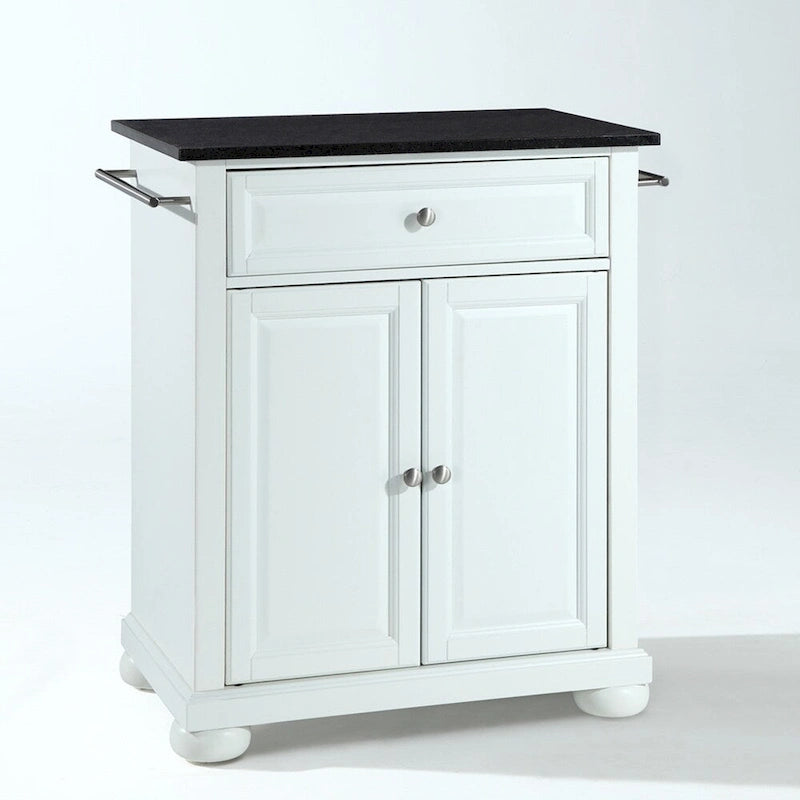 Portable Kitchen Island with Black Granite Top, Raised Panel Doors – White