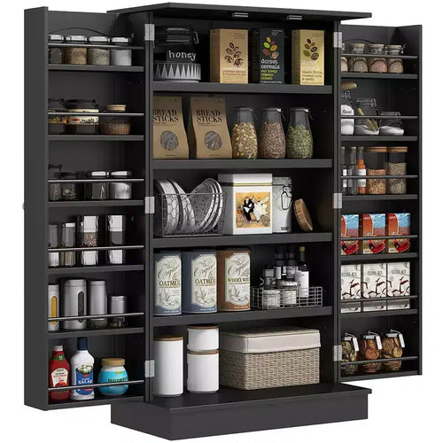 103.9 cm Kitchen Pantry, 2-Door Kitchen Cabinet with 5-tier Storage Shelving, 12 Spice Racks and Adjustable Shelves for Dining Room