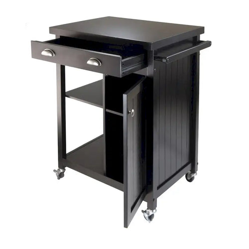 27.76" Black Kitchen Cart with Drawer, Open Cabinet and Locking Wheels