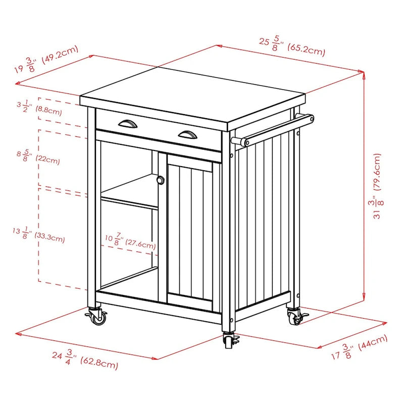 27.76" Black Kitchen Cart with Drawer, Open Cabinet and Locking Wheels