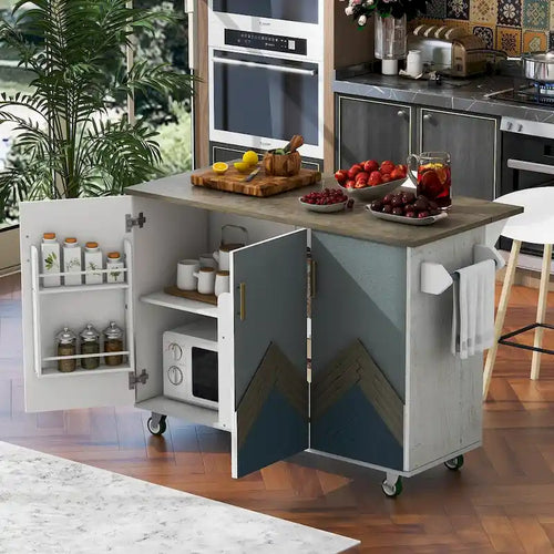 Isola da cucina in legno retrò da 119,4 cm con anta a ribalta, stile rustico su ruote, con contenitore interno