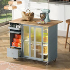 Carrello da cucina con illuminazione a LED su ruote e 2 ante in vetro scanalato