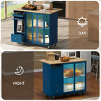 Carrello da cucina con illuminazione a LED su ruote e 2 ante in vetro scanalato