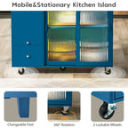 Carrello da cucina con illuminazione a LED su ruote e 2 ante in vetro scanalato