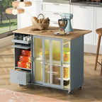 Carrello da cucina con illuminazione a LED su ruote e 2 ante in vetro scanalato