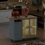 Carrello da cucina con illuminazione a LED su ruote e 2 ante in vetro scanalato