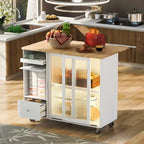 Carrello da cucina con illuminazione a LED su ruote e 2 ante in vetro scanalato