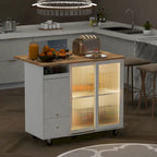 Carrello da cucina con illuminazione a LED su ruote e 2 ante in vetro scanalato