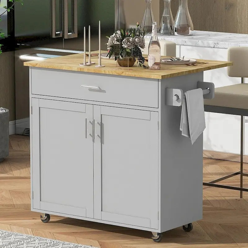 39.00 W Modern Rubberwood Top Kitchen Cart with Storage and Towel Racks