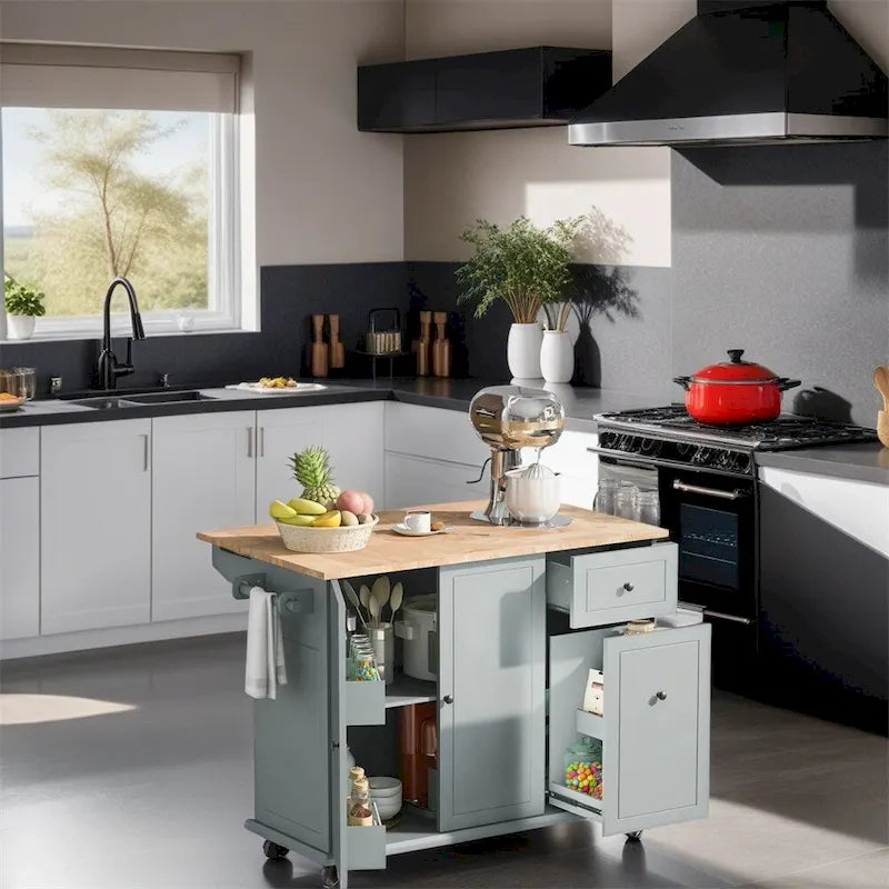 Rolling Kitchen Cart with Internal Storage Rack and Pull-Out Cabinet