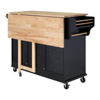 Isola da Cucina Cambridge con Piano in Legno Naturale, Ante e Cassetti Scorrevoli, Ruote Resistenti