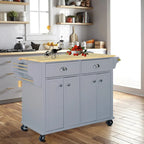 Isola da Cucina Cambridge con Piano in Legno Naturale, Ante e Cassetti Scorrevoli, Ruote Resistenti