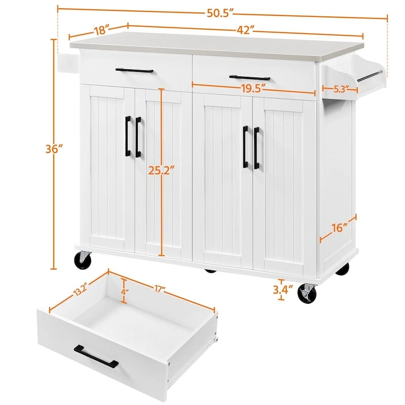 42" Kitchen Island Cart with Stainless Steel Top, Soft-Close Cabinets and Drawers