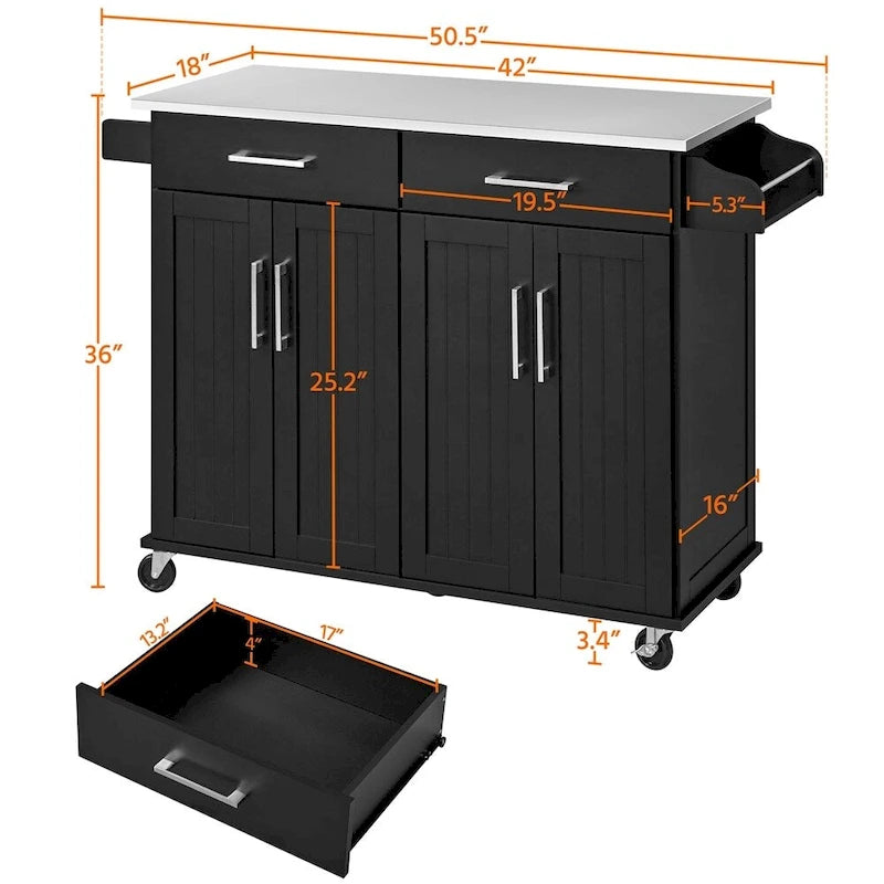 42" Kitchen Island Cart with Stainless Steel Top, Soft-Close Cabinets and Drawers