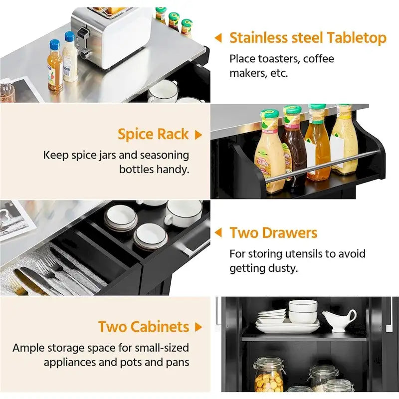 42" Kitchen Island Cart with Stainless Steel Top, Soft-Close Cabinets and Drawers