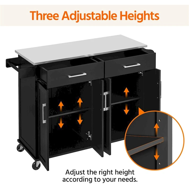 42" Kitchen Island Cart with Stainless Steel Top, Soft-Close Cabinets and Drawers