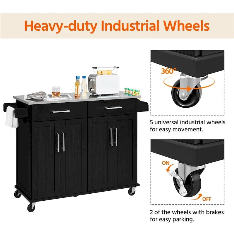 42" Kitchen Island Cart with Stainless Steel Top, Soft-Close Cabinets and Drawers