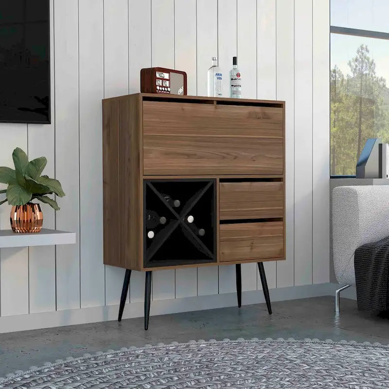 Mobile Bar Moderno con 4 Portabottiglie, 2 Cassetti e 1 Armadietto – Mogano Nero
