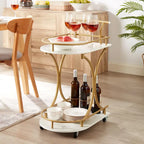 Carrello Bar a 2 Ripiani con Ruote, Carrello da Servizio Moderno Mobile con Portabottiglie, Bianco+Oro